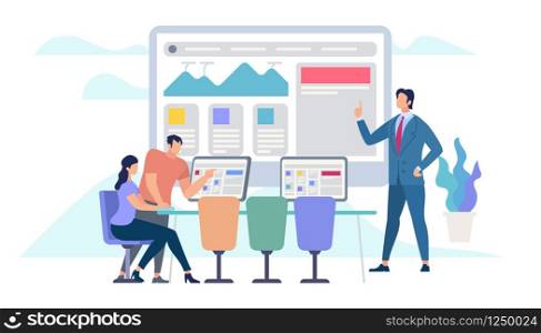 Business Meeting and Teamworking. Office Work. Employees Sitting at Desk with Computers Watching Presentation of Professional Coach at Huge Monitor Screen with Graphs. Cartoon Flat Vector Illustration. Business Meeting and Teamworking. Office Work.