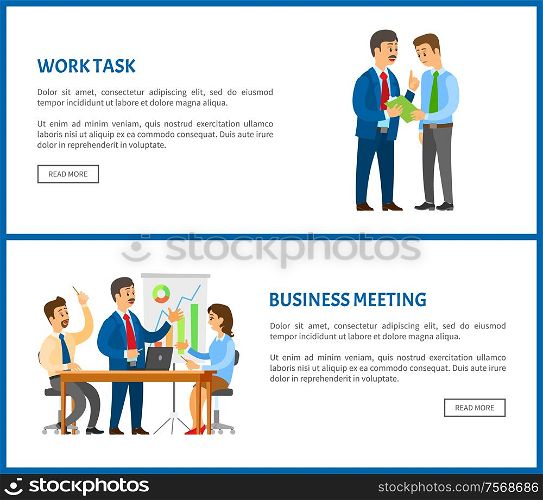 Business meeting and work task, people sitting at table and discussing reports with graphs and charts. Work in team concept, boss and executive worker. Business meeting and work task, Report Discussion