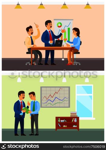 Business meeting and working order at company office. Presentation with graphics from boss for staff, employee and paperwork vector illustrations.. Business Meeting and Working Order at Company