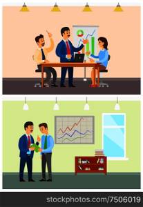 Business meeting and working order at company office. Presentation with graphics from boss for staff, employee and paperwork vector illustrations.. Business Meeting and Working Order at Company