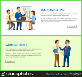 Business meeting and working order, boss giving instructions to employee, conversation between colleagues. Manager presents report with graphs and charts. Business Meeting and Working Order Boss Gives Info