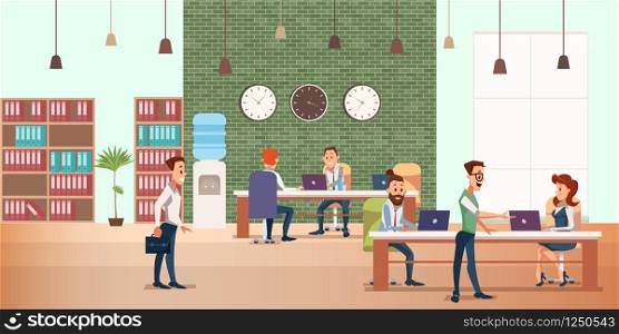 Business Meeting at Creative Office. Modern Device. People Sit at Table Work by Computer or Laptop at Coworking Space. Teamwork at Working Environment. Flat Cartoon Vector Illustration. Business Meeting at Creative Office. Modern Device