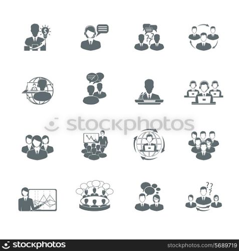Business meeting black icons set of presentation teamwork management elements isolated vector illustration