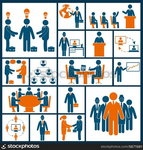 Business meeting brainstorming group discussion blue orange icons set isolated vector illustration