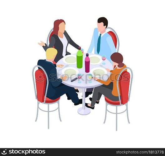 Business meeting. Collegues in cafe, work lunch. Isometric man woman eating drinking and communicate. Teamwork or corporate festive vector illustration. Business lunch in cafe, together conversation. Business meeting. Collegues in cafe, work lunch. Isometric man woman eating drinking and communicate. Teamwork or corporate festive vector illustration