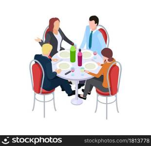 Business meeting. Collegues in cafe, work lunch. Isometric man woman eating drinking and communicate. Teamwork or corporate festive vector illustration. Business lunch in cafe, together conversation. Business meeting. Collegues in cafe, work lunch. Isometric man woman eating drinking and communicate. Teamwork or corporate festive vector illustration