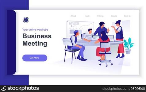 Business meeting concept 3d isometric web banner with people scene. Colleagues discussing at conference, researching report presentation. Vector illustration for landing page and web template design