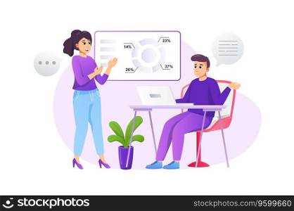 Business meeting concept in flat style with people scene. Man and woman discuss financial data and generate ideas in conference room. Colleagues work in office. Vector illustration for web design