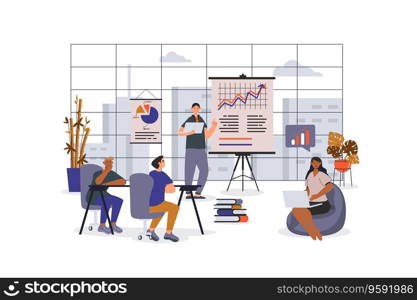 Business meeting concept with character scene for web. Women and men working in team at office, discussing presentation. People situation in flat design. Vector illustration for marketing material.