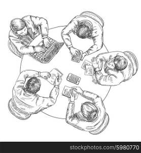 Business meeting concept with sketch businessmen at the table top view vector illustration. Business Meeting Sketch