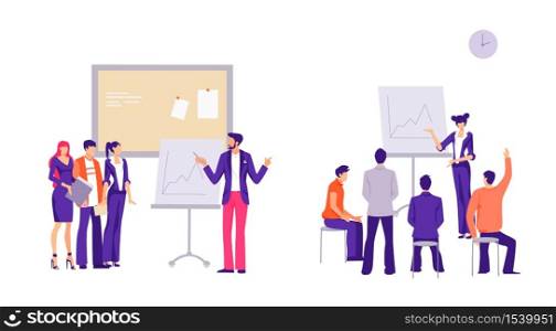 Business meeting conference seminar or training concept. Company workers financial report or presentation business leader, lecturer or coach explaining flat vector graph for people.. Business meeting conference seminar or training concept. Company workers financial report or presentation business.
