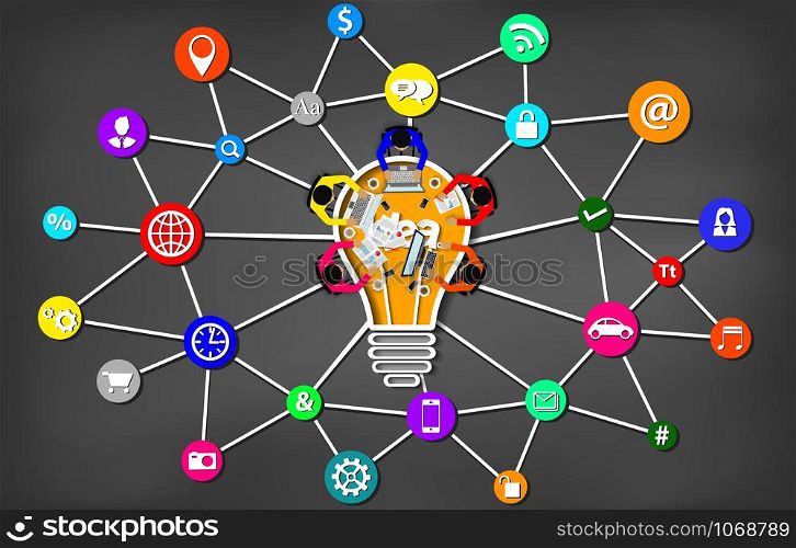 Business meeting. creativity inspiration planning light bulb icon concept. teamwork. businessmen help to brainstorm idea to achieve higher and success. vector illustration