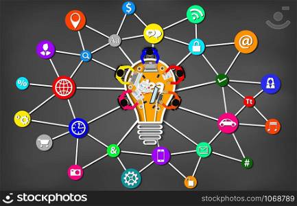 Business meeting. creativity inspiration planning light bulb icon concept. teamwork. businessmen help to brainstorm idea to achieve higher and success. vector illustration