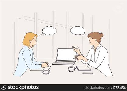 Business meeting, discussion, brainstorm concept. Two smiling businesswomen colleagues partners cartoon characters having meeting using laptop in office discussing strategy vector illustration . Business meeting, discussion, brainstorm concept