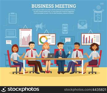 Business meeting flat. Business meeting concept with people chatting in conference room flat vector illustration