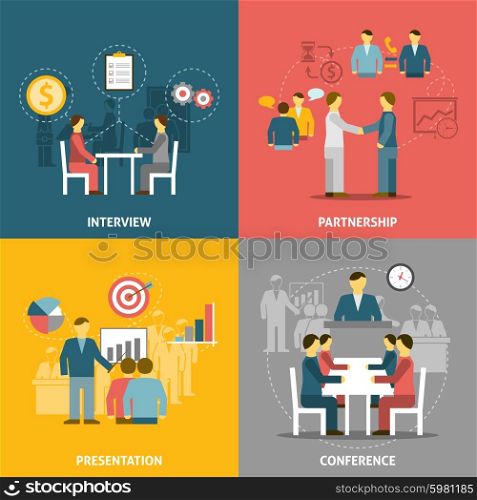 Business Meeting Flat Icons Composition. Flat icons composition with people meeting for business and partnership vector illustration.