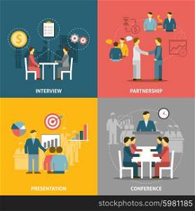 Business Meeting Flat Icons Composition. Flat icons composition with people meeting for business and partnership vector illustration.