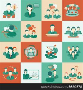 Business meeting flat icons set of collaboration planning partnership elements isolated vector illustration.