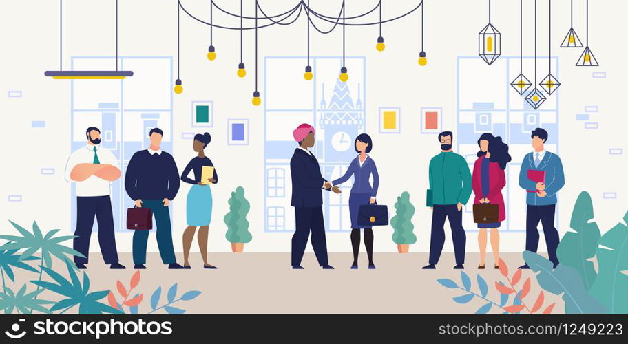 Business Meeting for Negotiations with Foreign Partner or Investor Flat Vector Concept with Businesswoman, Company Female Leader Shaking Hands with Indian Businessman in Dastaar or Turban Illustration