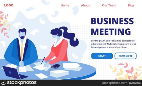 Business Meeting Horizontal Banner with Couple Office Workers or Business Partners Sitting at Round Table Signing Paper Documents. Corporate Negotiation Process, Cartoon Flat Vector Illustration. Business Partners Sitting at Table Signing Papers