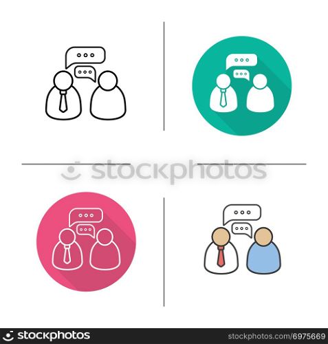 Business meeting icon. Flat design, linear and color styles. Business talk. Isolated vector illustrations. Business meeting icon