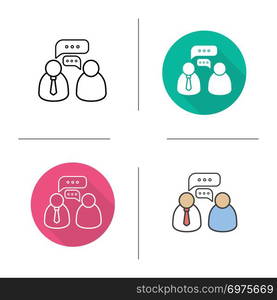 Business meeting icon. Flat design, linear and color styles. Business talk. Isolated vector illustrations. Business meeting icon