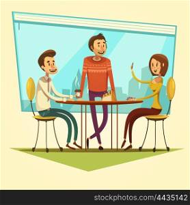 Business Meeting Illustration . Business meeting and coworking with table and coffee on yellow background cartoon vector illustration