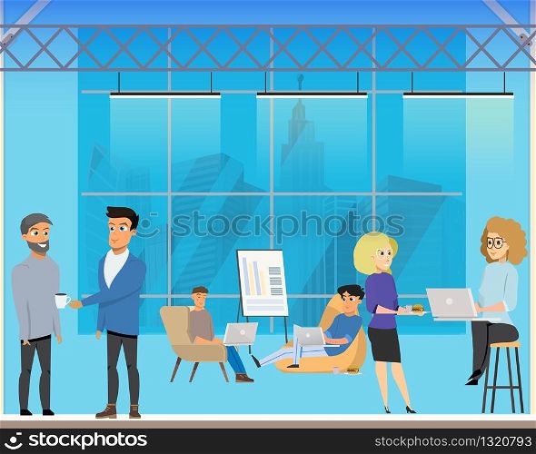 Business Meeting in Creative Coworking Shared Area. Modern Open Space. Freelance Character Talking, Making Deal and Working at Computer in Open Space. Flat Cartoon Vector Illustration. Business Meeting in Creative Coworking Shared Area