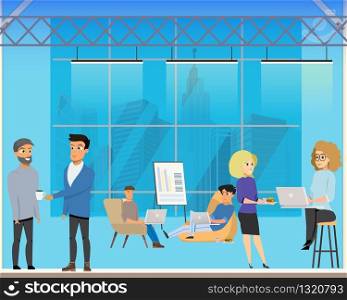 Business Meeting in Creative Coworking Shared Area. Modern Open Space. Freelance Character Talking, Making Deal and Working at Computer in Open Space. Flat Cartoon Vector Illustration. Business Meeting in Creative Coworking Shared Area