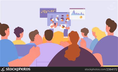 Business meeting in grand auditorium. Lecture class, team workshop or financial training. Two male coach on stage and charts, people crowd vector scene. Presentation conference illustration. Business meeting in grand auditorium. Lecture class, team workshop or financial training. Two male coach on stage and charts, people crowd vector scene