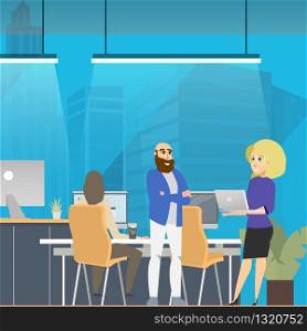 Business Meeting in Modern Open Space Coworking. Man and Woman Communication Concept. Young Freelancer Talking in Modern Office by Laptop. Creative Collaboration. Flat Cartoon Vector Illustration. Business Meeting in Modern Open Space Coworking