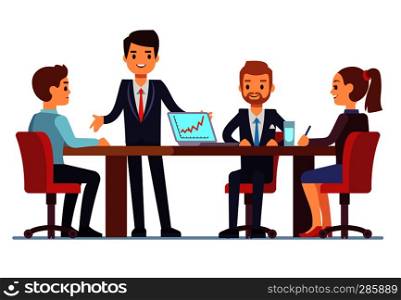 Business meeting in office at conference table with talking businessmen and businesswomen vector illustration. Conference and meeting team, businessman and businesswoman. Business meeting in office at conference table with talking businessmen and businesswomen vector illustration