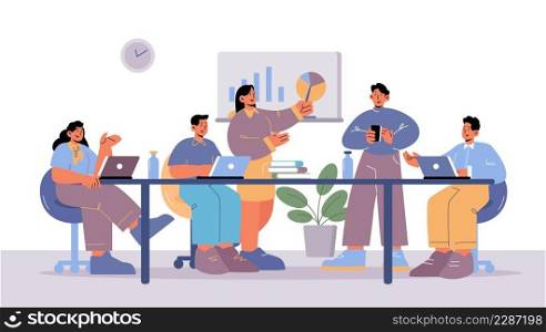 Business meeting in office conference room. People work in team in boardroom. Vector flat illustration of teamwork, communication in company, executives and managers training. Business meeting in office conference room