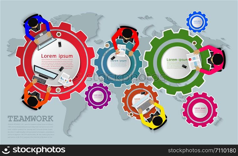 Business meeting in the form of gears and map. Businessmen help to brainstorm modern idea. consulting, teamwork, project management, financial report and strategy. to achieve and success