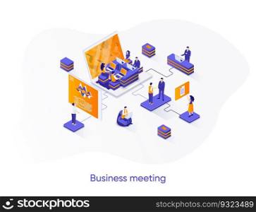 Business meeting isometric web banner. Teamwork collaboration on project isometry concept. Business team synergy 3d scene, partners meeting flat design. Vector illustration with people characters.