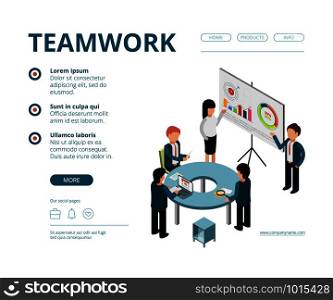 Business meeting landing. Company managers financial director consultation management vector web pages template vector isometric. Meeting teamwork, management infographic analysis illustration. Business meeting landing. Company managers financial director consultation management vector web pages template vector isometric