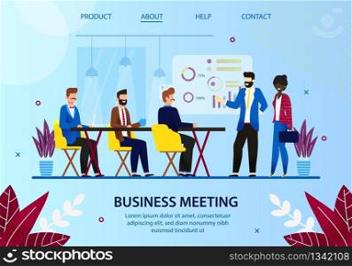 Business Meeting. Leader of Company with Woman Assistant Stand at Board with Graphs and Charts, People Employees Sitting at Desk Listening Speech. Cartoon Flat Vector Illustration. Horizontal Banner. Business Meeting Leader with Employees in Office