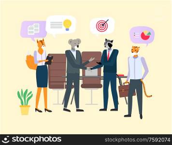 Business meeting of employees character koala and raccoon, tiger and fox, hipster animal in office discussing reports, think of graph, creating idea vector. Hipster Animal in Office, Meet and Discuss Vector