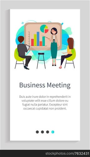 Business meeting of organization employees vector, businesswoman making report in front of audience using infographics and communicate with people. Website or app slider, landing page flat style. Business Meeting of Company Employees in Office