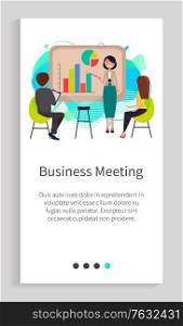 Business meeting of organization employees vector, businesswoman making report in front of audience using infographics and communicate with people. Website or app slider, landing page flat style. Business Meeting of Company Employees in Office