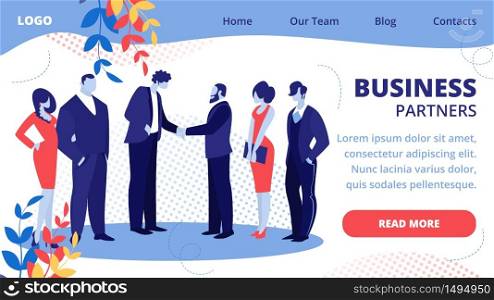 Business Meeting of Partners Stand Face to Face Shaking Hands, Agreement Communicating. Businessmen Team Leaders Meet for Successful Deal Signing Cartoon Flat Vector Illustration, Horizontal Banner. Businessmen Team Leaders Meet for Successful Deal