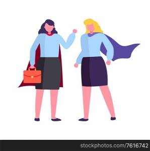 Business meeting of people vector, hero woman with briefcase lady wearing special super gowns powerful employees with case and documents, teamwork. Hero Women Wearing Costumes Holding Briefcase