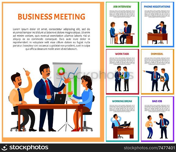 Business meeting of team in office, employment of women vector. Dismissal and recruitment by boss. Break of leader company, man relaxing at workplace. Business Meeting of Team in Office, Employment
