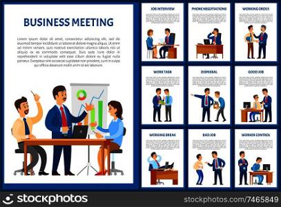 Business meeting of team, negotiation on phone posters with text sample set vector. Dismissal and working task, order of chief executive to personnel. Business Meeting of Team Negotiation Poster Set