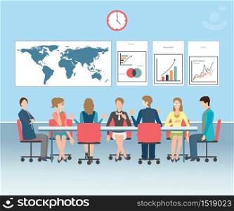 Business meeting, office, teamwork, brainstorming in flat style, conceptual vector illustration.