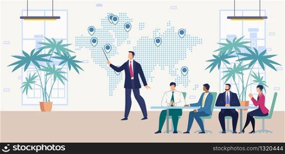 Business Meeting on Office, Company Strategy, Business Growth Idea Flat Vector Concept with Employees Team, Business Partners Working Together in Office, Presenting International Project Illustration