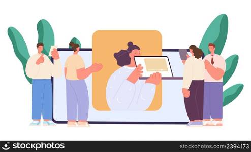 Business meeting online. People group look at woman on smartphone screen. Influencer or online marketing, vector management concept. Online teamwork communication and conference. Business meeting online. People group look at woman on smartphone screen. Influencer or online marketing, vector management concept