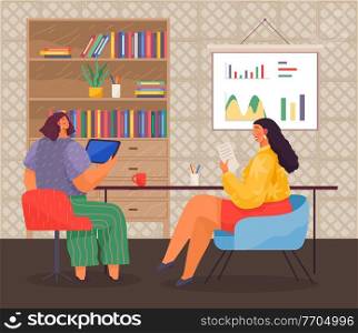 Business meeting or working process in office workspace. Woman boss sitting on chair reading document, talking to manager. Project management and teamwork concept. Businesswoman checks report. Business meeting in office workspace. Woman sitting on chair reading document, talking to manager
