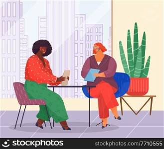 Business meeting or working process in office workspace. Woman boss sitting on chair reading document, talking to manager. Project management and teamwork concept. Businesswoman checks report. Business meeting, working process in office workspace. Woman boss sitting on chair reading document
