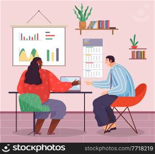 Business meeting or working process. Man sitting in office at a table, woman explains presentation on laptop screen. Project management and teamwork concept. Businessman make a financial report. Business meeting or working process. Men sitting at a table with laptop, woman explains project